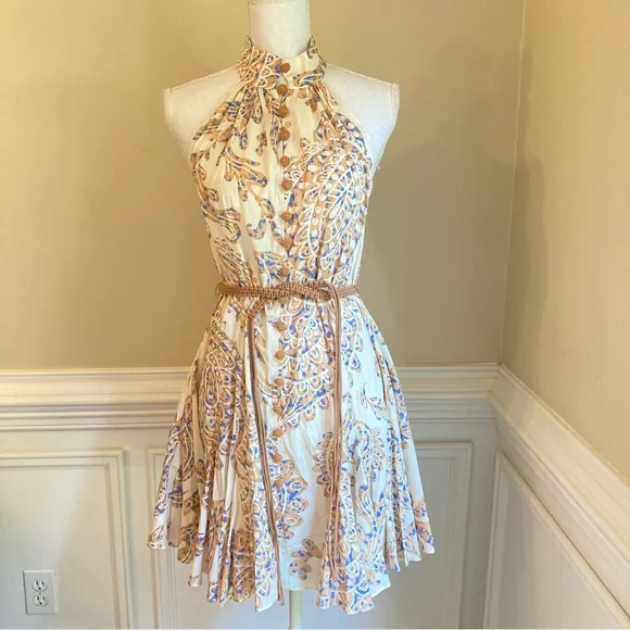 ZARA Neutral Cream Tan Paisley Halter Mock Neck Button Fit Flare Sun Dress NWT