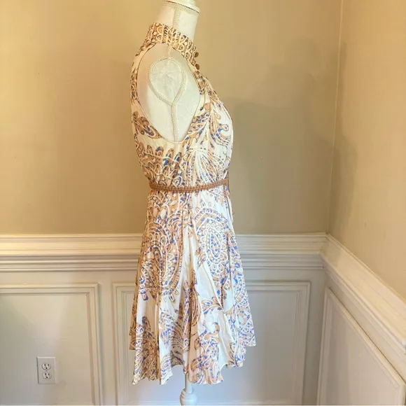 ZARA Neutral Cream Tan Paisley Halter Mock Neck Button Fit Flare Sun Dress NWT