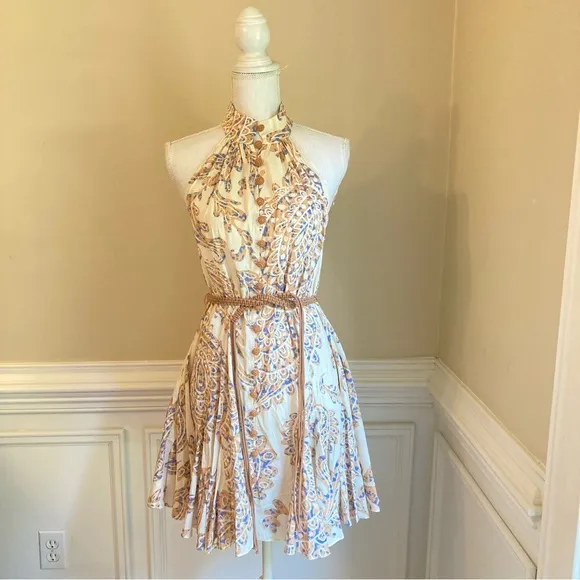 ZARA Neutral Cream Tan Paisley Halter Mock Neck Button Fit Flare Sun Dress NWT