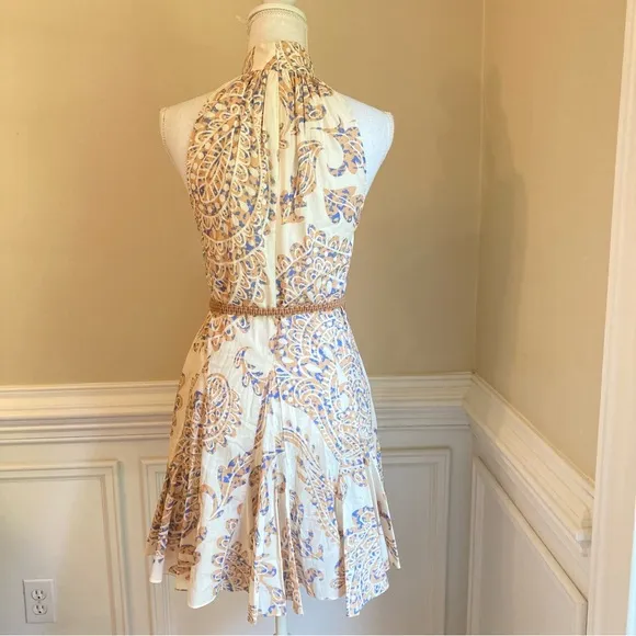 ZARA Neutral Cream Tan Paisley Halter Mock Neck Button Fit Flare Sun Dress NWT