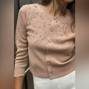 Zara NWT pink embellished rhinestone jeweled button front sweater knit cardigan