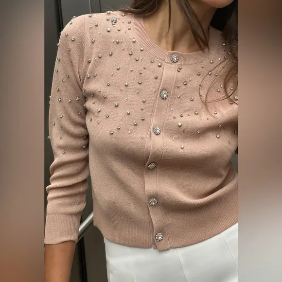 Zara NWT pink embellished rhinestone jeweled button front sweater knit cardigan