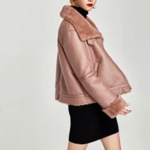 ZARA Pink Brown Faux Fur Lined Faux Leather Moto Jacket Coat