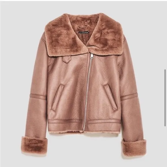 ZARA Pink Brown Faux Fur Lined Faux Leather Moto Jacket Coat