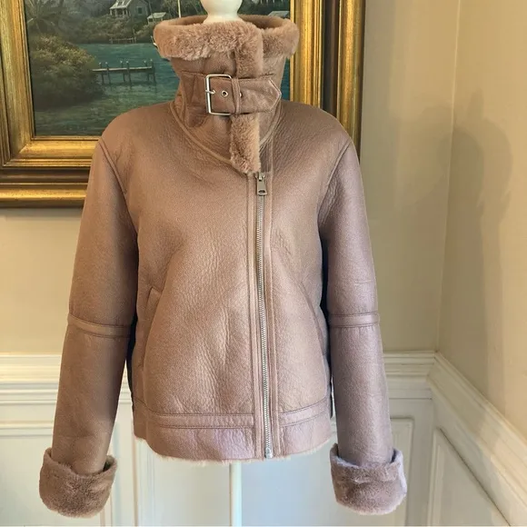ZARA Pink Brown Faux Fur Lined Faux Leather Moto Jacket Coat