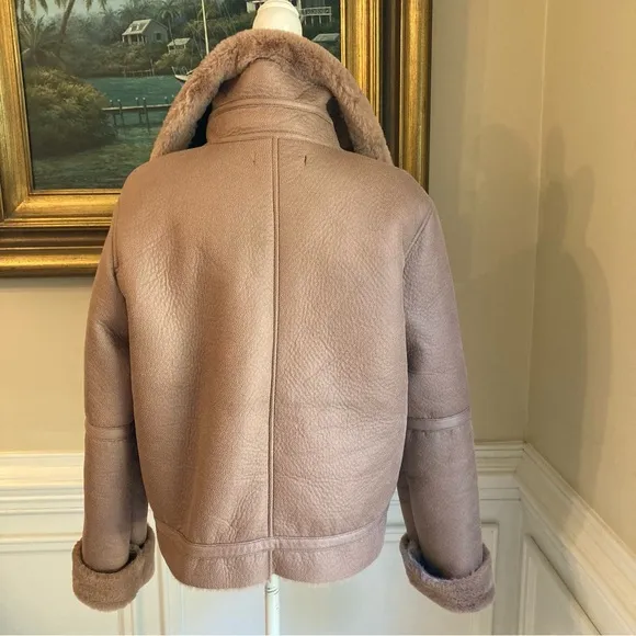 ZARA Pink Brown Faux Fur Lined Faux Leather Moto Jacket Coat