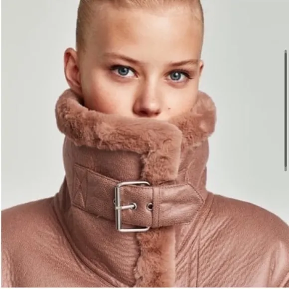 ZARA Pink Brown Faux Fur Lined Faux Leather Moto Jacket Coat