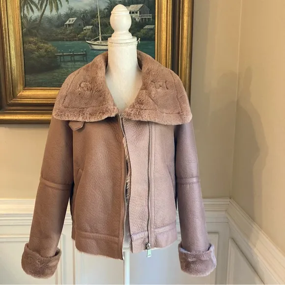 ZARA Pink Brown Faux Fur Lined Faux Leather Moto Jacket Coat