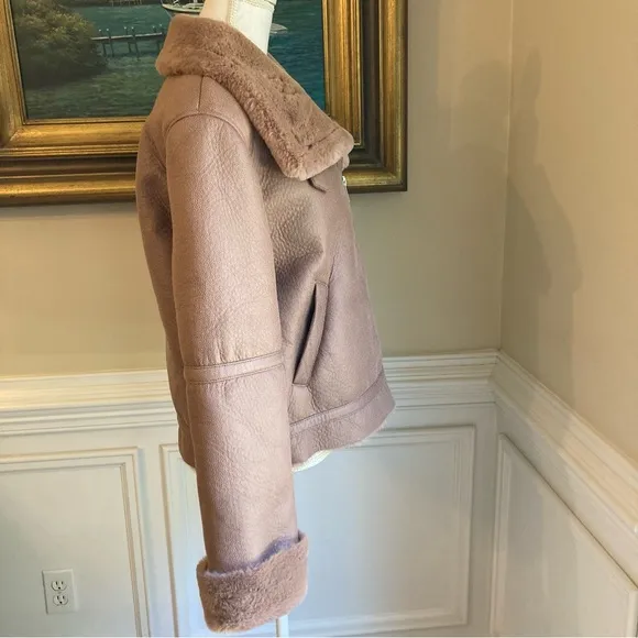 ZARA Pink Brown Faux Fur Lined Faux Leather Moto Jacket Coat