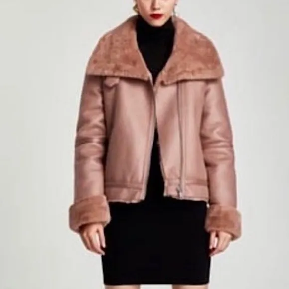 ZARA Pink Brown Faux Fur Lined Faux Leather Moto Jacket Coat