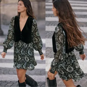 ZARA Printed Dress with Vest Floral Velvet Women’s Size Small