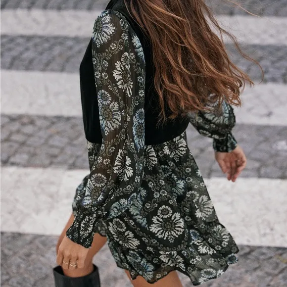 ZARA Printed Dress with Vest Floral Velvet Women’s Size Small
