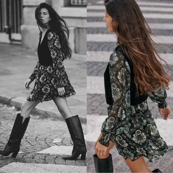 ZARA Printed Dress with Vest Floral Velvet Women’s Size Small