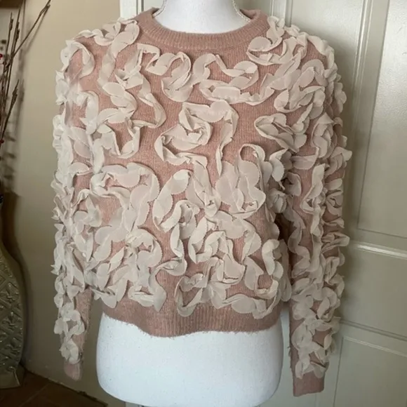 Zara RARE dusty pink knit sweater with ivory off white applique ribbon texture