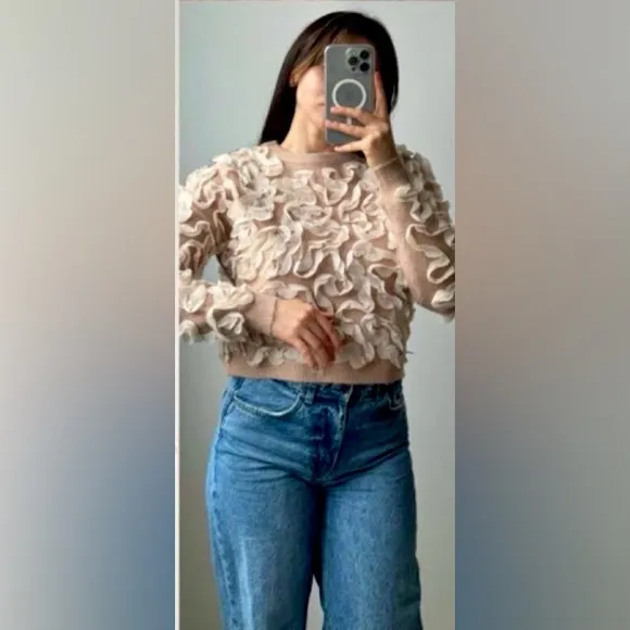 Zara RARE dusty pink knit sweater with ivory off white applique ribbon texture