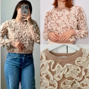 Zara RARE dusty pink knit sweater with ivory off white applique ribbon texture