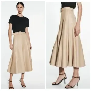 Zara Sand High Waisted Faux Leather Belted A-line Midi Skirt Women's Medium