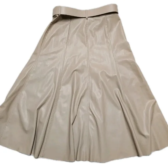 Zara Sand High Waisted Faux Leather Belted A-line Midi Skirt Women's Medium