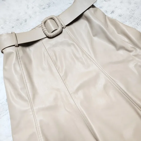 Zara Sand High Waisted Faux Leather Belted A-line Midi Skirt Women's Medium