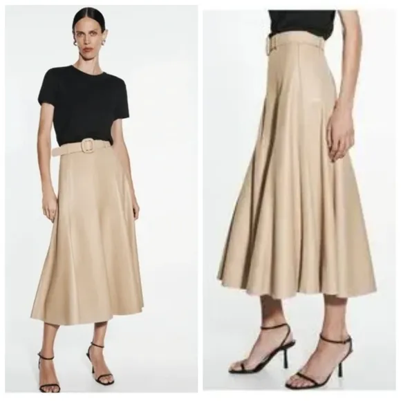 Zara Sand High Waisted Faux Leather Belted A-line Midi Skirt Women's Medium