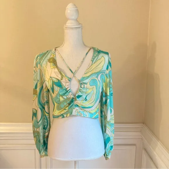 ZARA Set Green Swirl Floral Paisley Print Silky Viscose Midi Skirt &amp; Crop Top