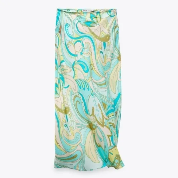 ZARA Set Green Swirl Floral Paisley Print Silky Viscose Midi Skirt &amp; Crop Top