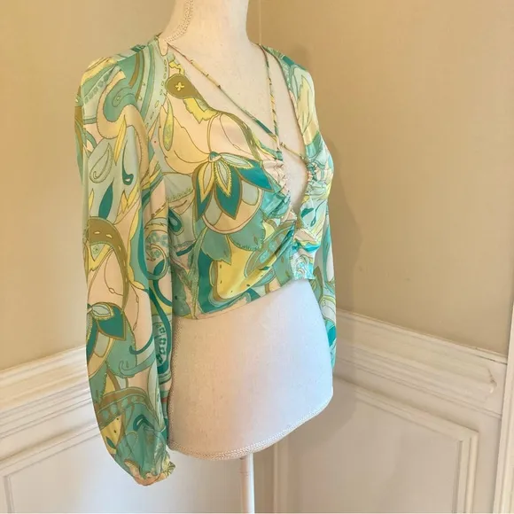 ZARA Set Green Swirl Floral Paisley Print Silky Viscose Midi Skirt &amp; Crop Top