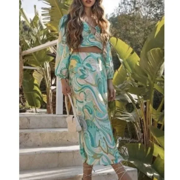 ZARA Set Green Swirl Floral Paisley Print Silky Viscose Midi Skirt &amp; Crop Top