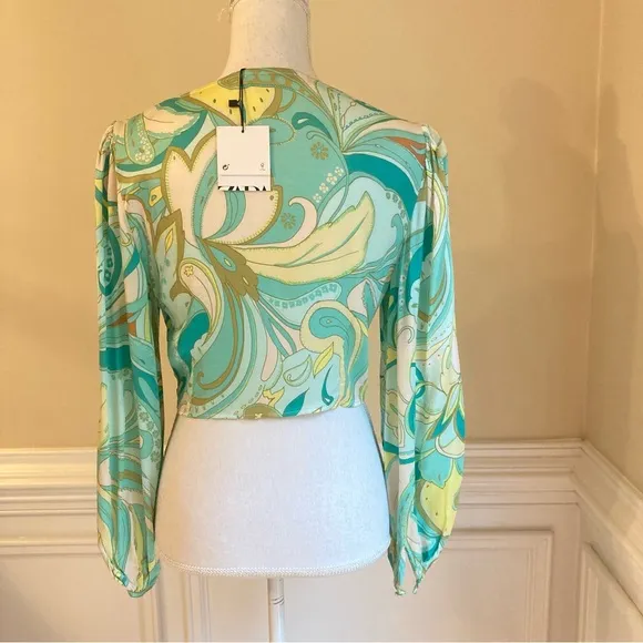 ZARA Set Green Swirl Floral Paisley Print Silky Viscose Midi Skirt &amp; Crop Top