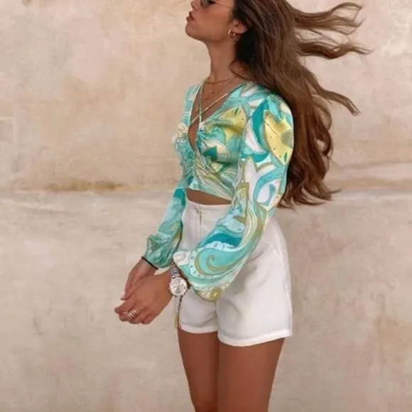 ZARA Set Green Swirl Floral Paisley Print Silky Viscose Midi Skirt &amp; Crop Top