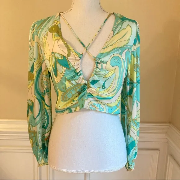 ZARA Set Green Swirl Floral Paisley Print Silky Viscose Midi Skirt &amp; Crop Top