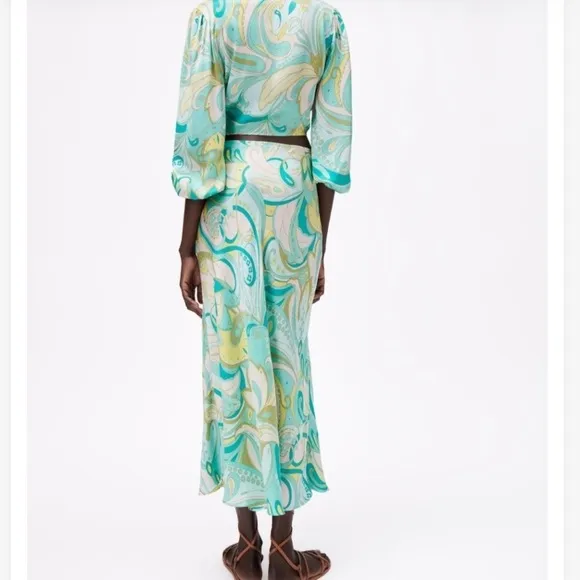 ZARA Set Green Swirl Floral Paisley Print Silky Viscose Midi Skirt &amp; Crop Top
