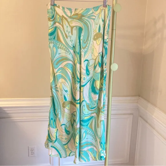 ZARA Set Green Swirl Floral Paisley Print Silky Viscose Midi Skirt &amp; Crop Top