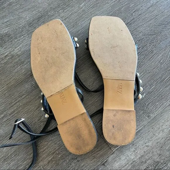 ZARA PEARL STUDDED   STRAPPY FLAT SANDALS US 6