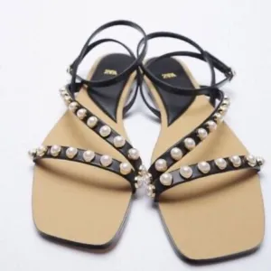 ZARA PEARL STUDDED   STRAPPY FLAT SANDALS US 6