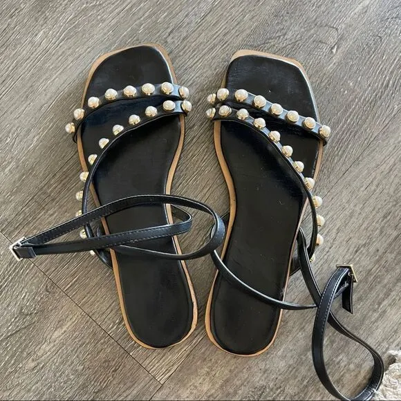 ZARA PEARL STUDDED   STRAPPY FLAT SANDALS US 6