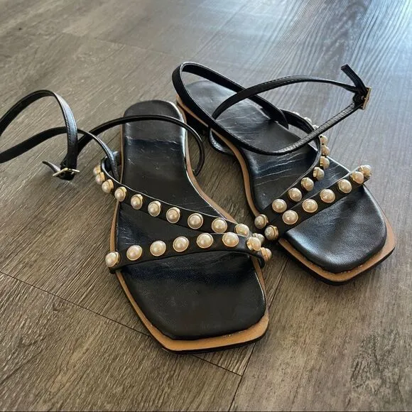 ZARA PEARL STUDDED   STRAPPY FLAT SANDALS US 6
